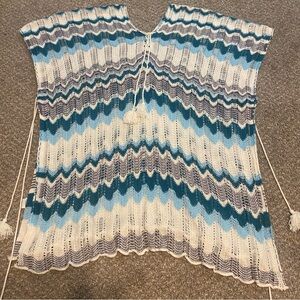 Crochet Knit Beach Cover Up One Size White Blue Tassel V-neck EUC
